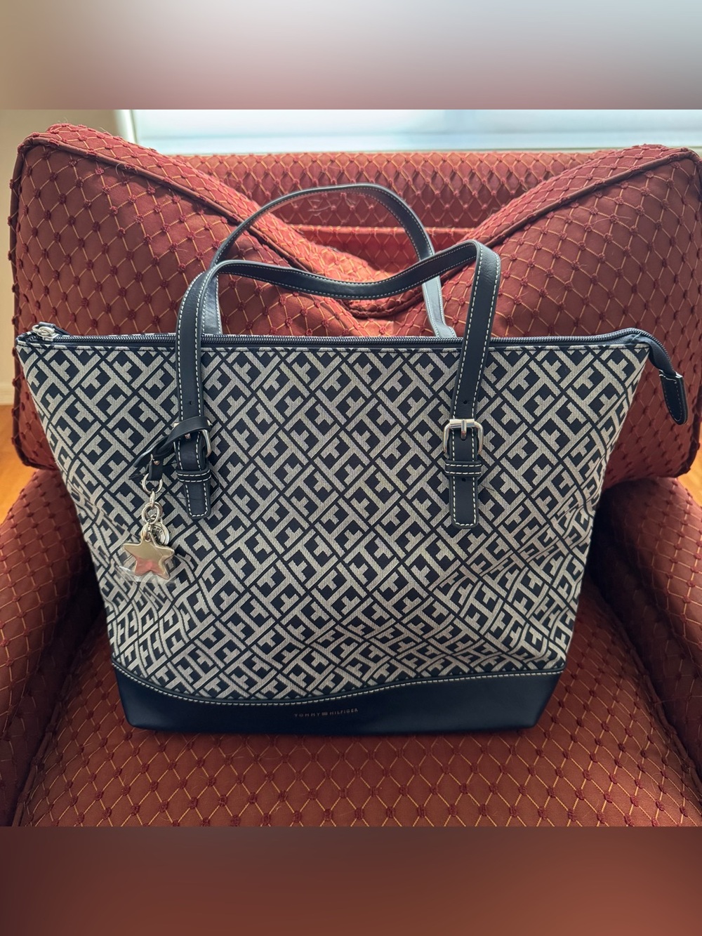 Tommy Hilfiger Navy and Cream Monogram Tote with Star Charm